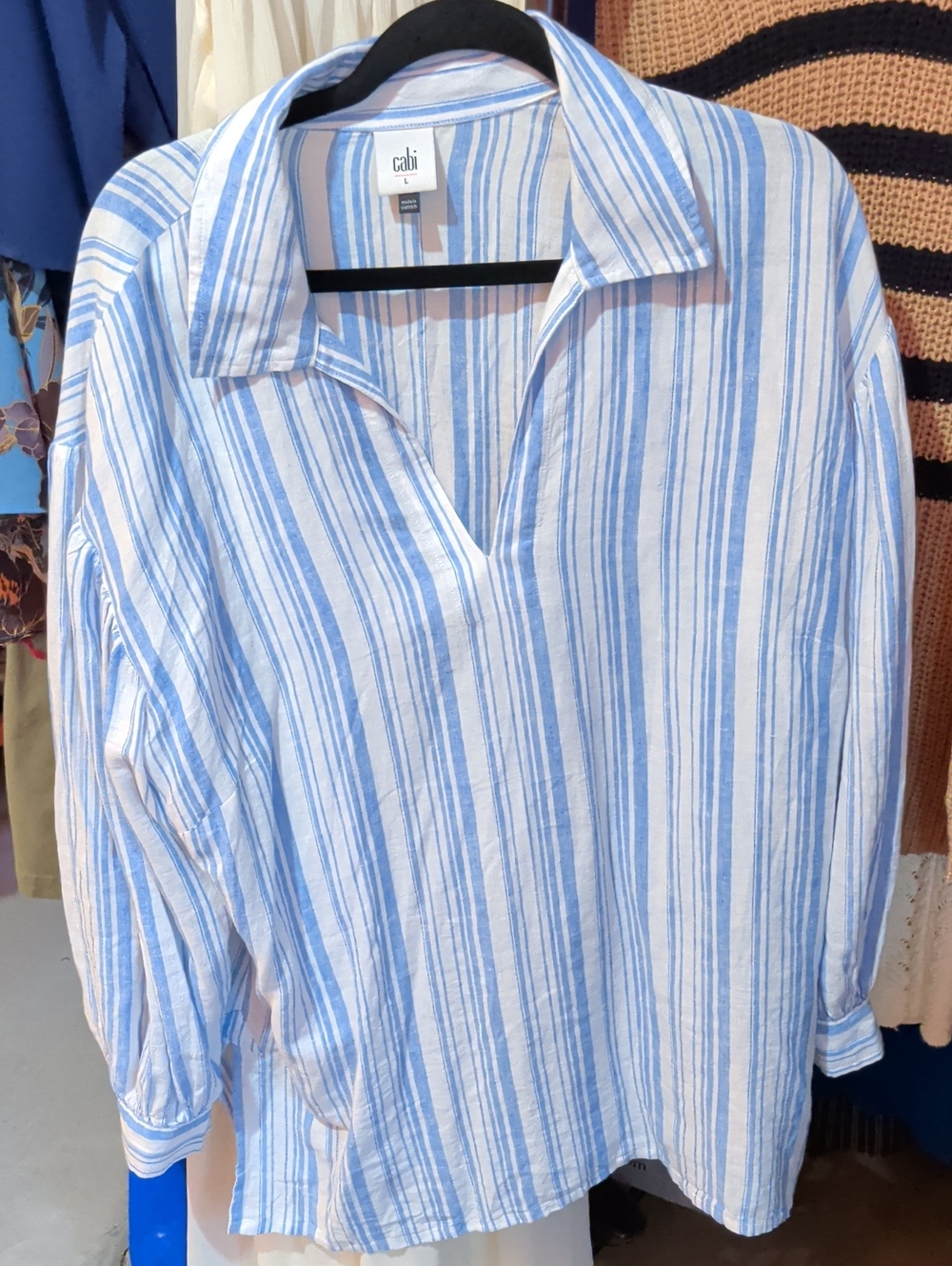 CAbi Blue and White Vertical Stripe Collared Tunic